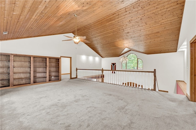 bonus room featuring wood ceiling, carpet floors, high vaulted ceiling, and ceiling fan