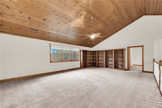 additional living space featuring wood ceiling, high vaulted ceiling, carpet flooring, and ceiling fan