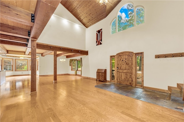 interior space with hardwood / wood-style floors, beam ceiling, and wooden ceiling