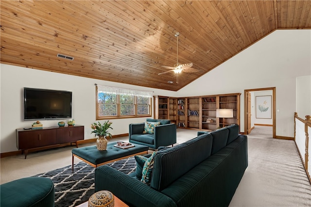 living room with ceiling fan, high vaulted ceiling, wooden ceiling, and light colored carpet