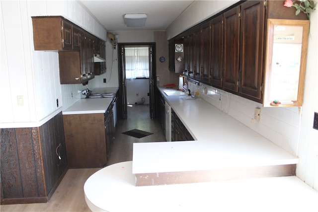 kitchen featuring sink, dark brown cabinets, and backsplash