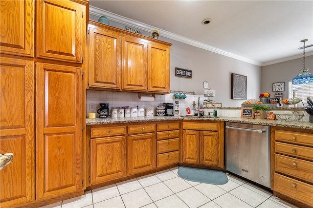 kitchen with light stone counters, crown molding, light tile patterned floors, sink, and stainless steel dishwasher