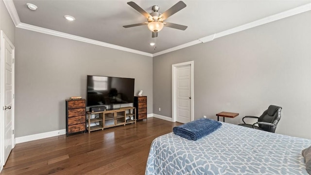 bedroom with crown molding, dark wood finished floors, recessed lighting, a ceiling fan, and baseboards