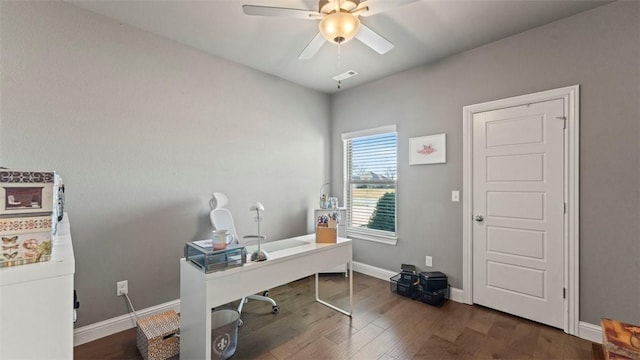 office area featuring visible vents, dark wood finished floors, baseboards, and ceiling fan