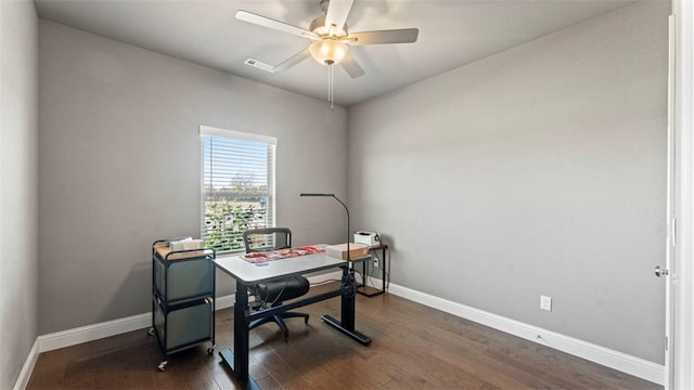 office with ceiling fan, dark wood-style flooring, visible vents, and baseboards