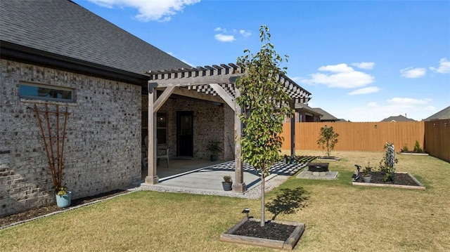 view of yard featuring a fenced backyard, a patio, and a pergola