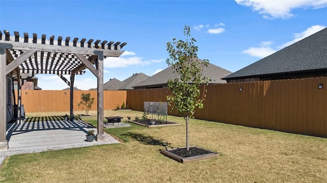 view of yard with a fire pit, a patio, a fenced backyard, and a pergola