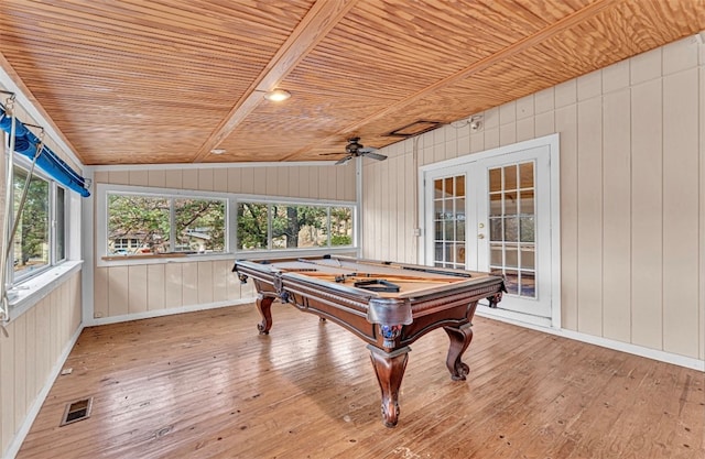 rec room featuring wood walls, vaulted ceiling, hardwood / wood-style flooring, and wooden ceiling