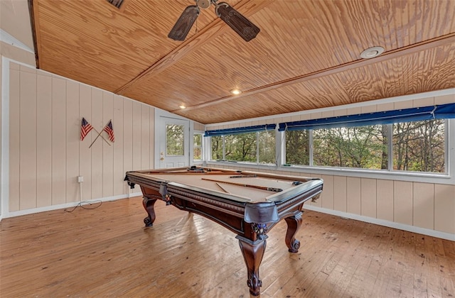 recreation room with billiards, hardwood / wood-style flooring, wooden ceiling, vaulted ceiling, and wooden walls