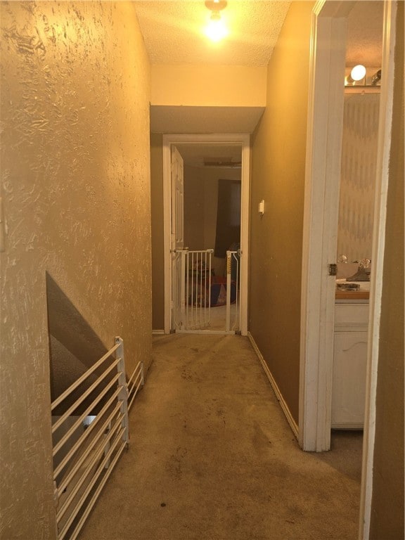 hallway with carpet and a textured ceiling