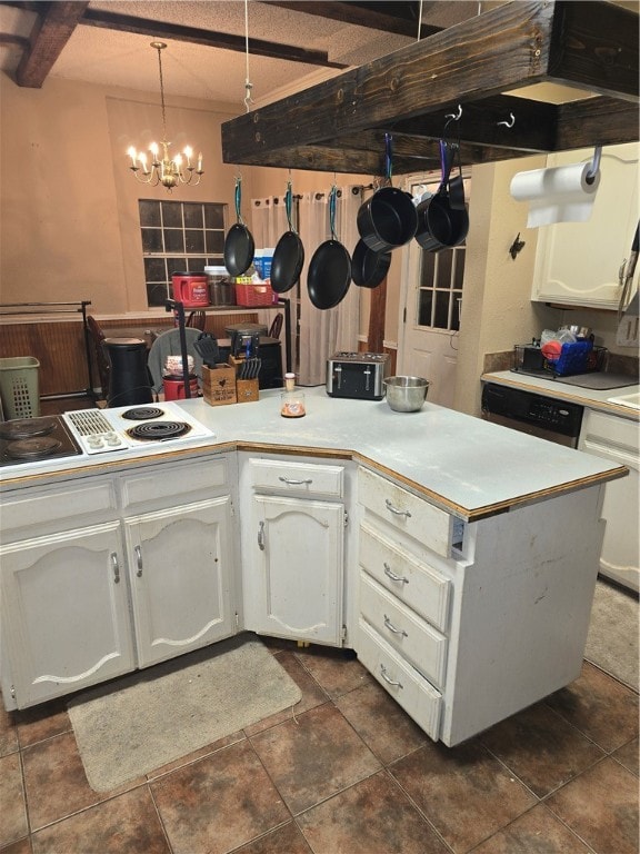 kitchen featuring white cabinetry, dishwasher, a notable chandelier, a textured ceiling, and decorative light fixtures