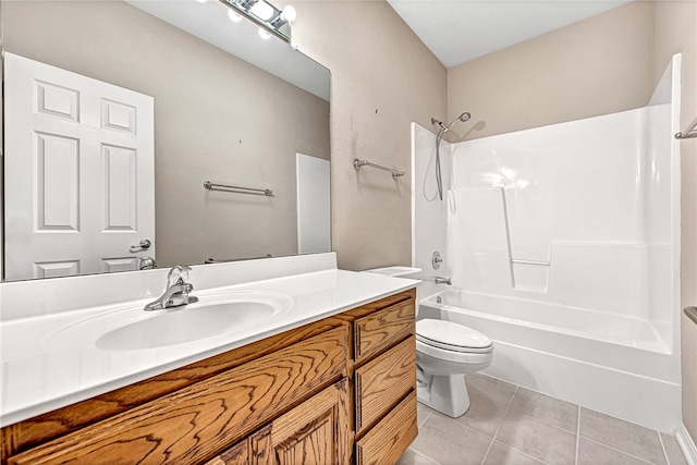 bathroom featuring toilet, shower / bath combination, vanity, and tile patterned floors