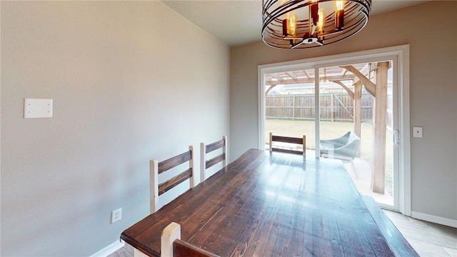 unfurnished dining area featuring a chandelier and wood-type flooring