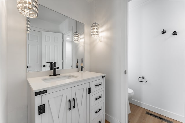 bathroom with wood-type flooring, vanity, and toilet