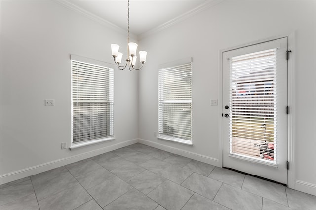 unfurnished dining area featuring light tile patterned flooring, a healthy amount of sunlight, an inviting chandelier, and crown molding