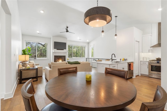 110 NE Briartown, Bentonville, AR 72712 - dining area featuring a wealth of natural light, sink, ceiling fan, and light hardwood / wood-style flooring