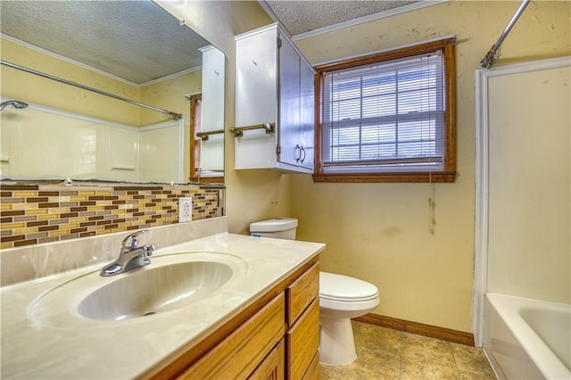 full bathroom with a textured ceiling, vanity, tile patterned floors, toilet, and decorative backsplash