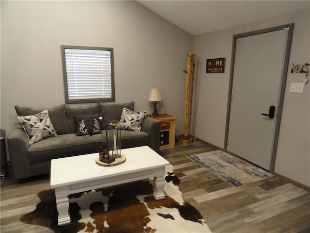 living room featuring hardwood / wood-style flooring and vaulted ceiling