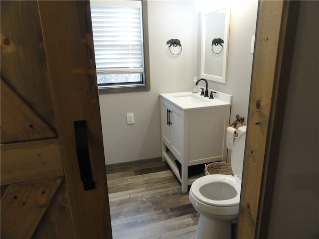 bathroom featuring toilet, vanity, and hardwood / wood-style floors