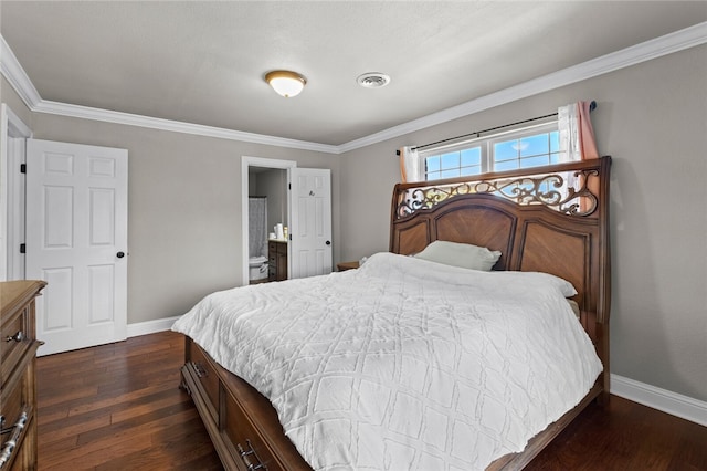 bedroom featuring dark hardwood / wood-style floors and crown molding