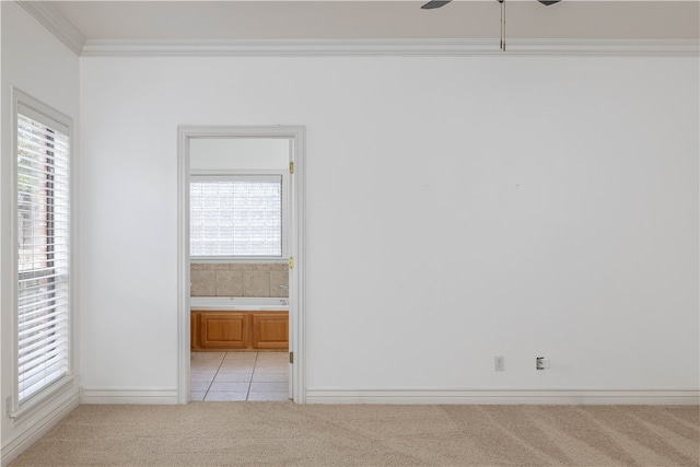 unfurnished room with light colored carpet, ceiling fan, and crown molding