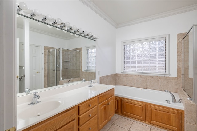 bathroom with ornamental molding, tile patterned flooring, vanity, and separate shower and tub