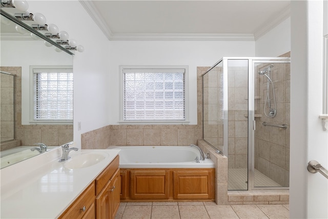 bathroom featuring shower with separate bathtub, vanity, tile patterned floors, and ornamental molding