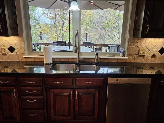 kitchen featuring stainless steel dishwasher, a healthy amount of sunlight, and backsplash