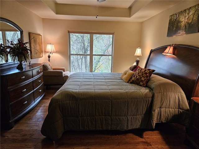 bedroom with a raised ceiling and dark wood-type flooring