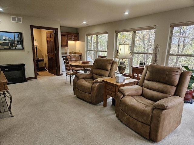 living room with plenty of natural light, light colored carpet, and sink