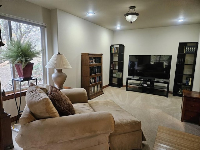 living room with light colored carpet