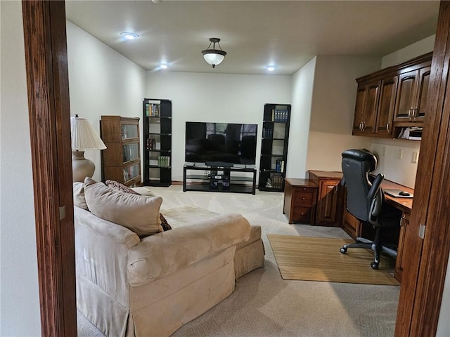 home office featuring light colored carpet