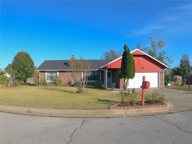 ranch-style home with a garage and a front lawn