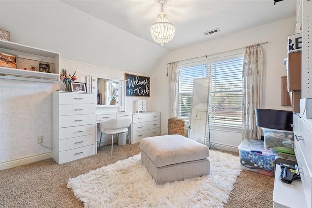 1303 NW Hermanus St, Bentonville, AR 72712 - sitting room with visible vents, vaulted ceiling, baseboards, a notable chandelier, and light carpet