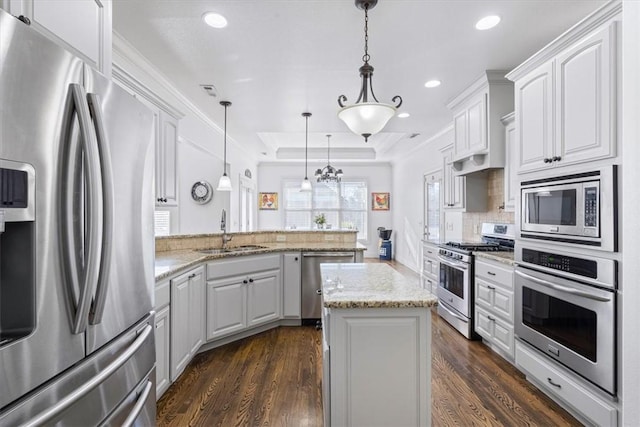 1303 NW Hermanus St, Bentonville, AR 72712 - kitchen with a peninsula, recessed lighting, a sink, dark wood finished floors, and appliances with stainless steel finishes