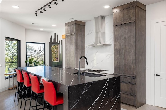 514 N Vinson Ave, Fayetteville, AR 72701 - kitchen with wall chimney exhaust hood, a large island with sink, rail lighting, light wood-style floors, and a sink