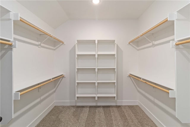 spacious closet with vaulted ceiling and carpet flooring