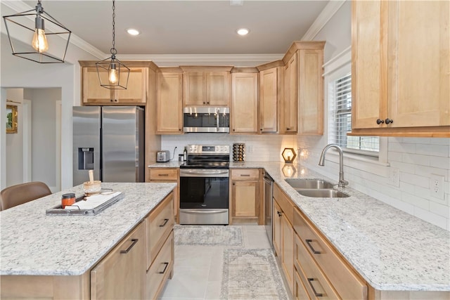 kitchen featuring sink, a center island, hanging light fixtures, light brown cabinets, and stainless steel appliances