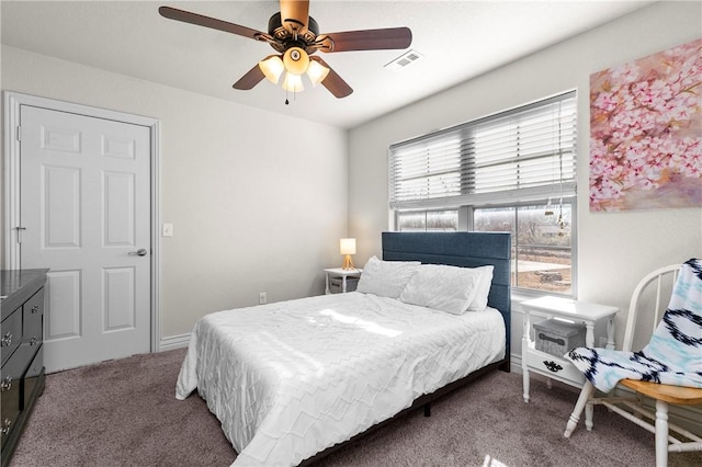 bedroom featuring ceiling fan and carpet