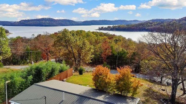 birds eye view of property with a water and mountain view