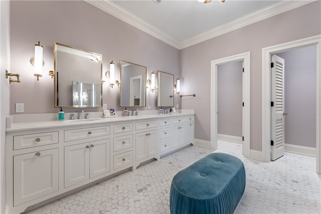 bathroom with vanity and crown molding