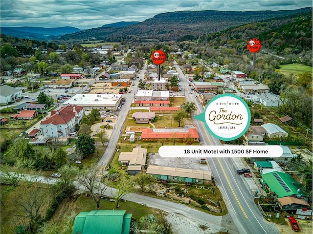 drone / aerial view featuring a mountain view