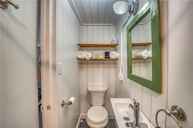 bathroom with wood walls and toilet