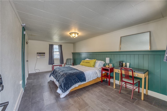 bedroom with a wall mounted AC and ornamental molding