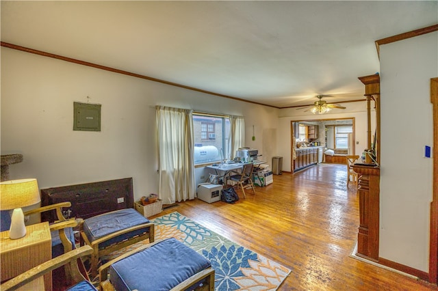 living room with ornamental molding, light wood-type flooring, electric panel, and ceiling fan