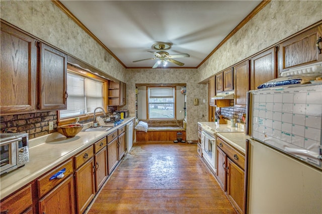 kitchen with sink, ornamental molding, ceiling fan, white appliances, and light hardwood / wood-style flooring