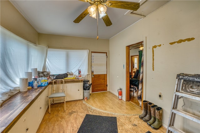 miscellaneous room with light hardwood / wood-style flooring and ceiling fan