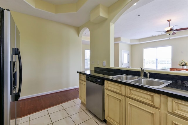 180 Grace Chapel Unit 107, Blue Eye, MO 65611 - kitchen with stainless steel appliances, light wood-type flooring, a raised ceiling, sink, and ceiling fan