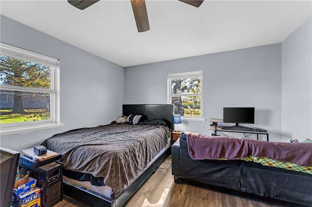 bedroom with hardwood / wood-style floors, ceiling fan, and multiple windows