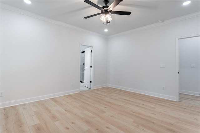 spare room with ceiling fan, light hardwood / wood-style floors, and ornamental molding